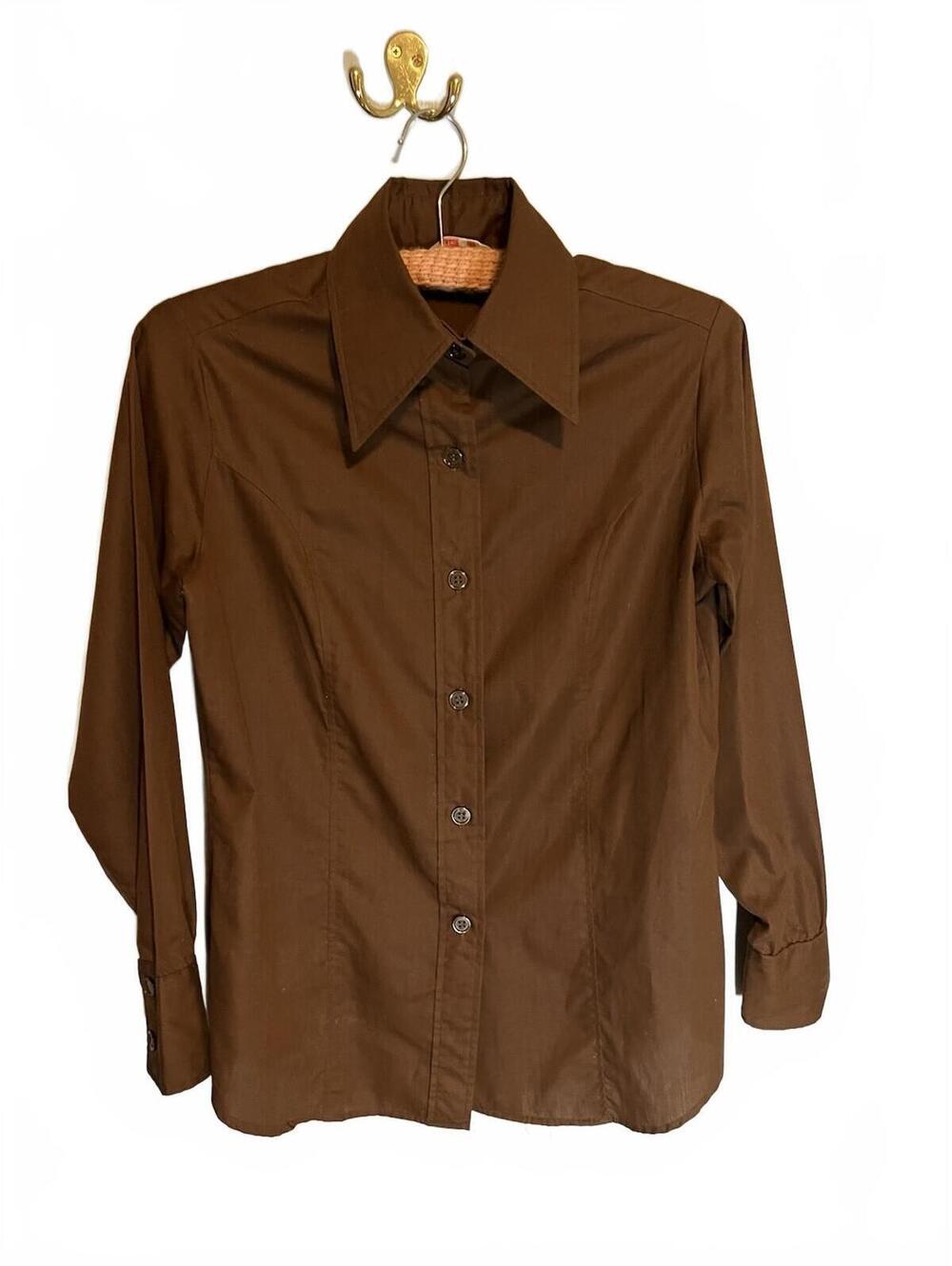 Vintage 70s Brown LS Button Down Shirt Small Tapered disco Butterfly collar